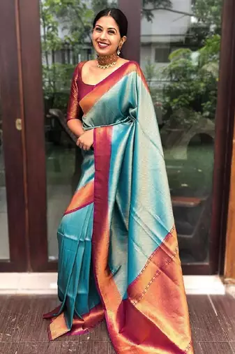 Turquoise maroon silk blend banarasi saree with unstitched blouse piece