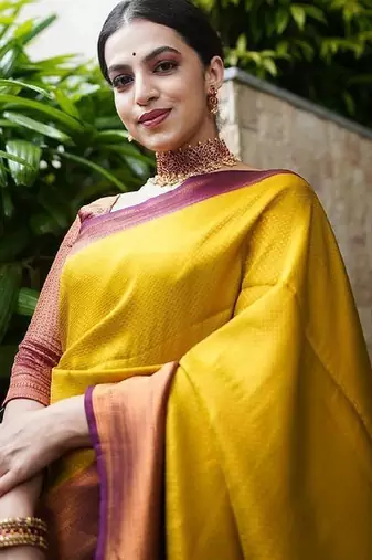 Yellow maroon soft silk blend banarasi jacuard work designer party wear saree with unstitched blouse piece