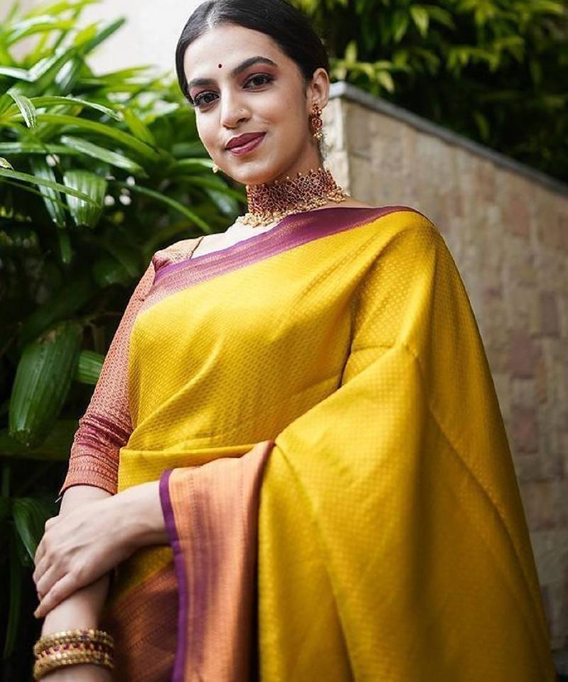 Yellow maroon soft silk blend banarasi jacuard work designer party wear saree with unstitched blouse piece