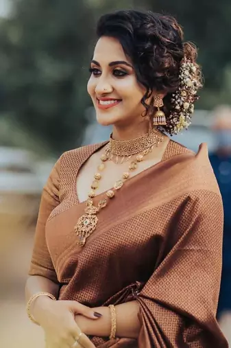 Brown soft silk blend banarasi jacuard work designer party wear saree with unstitched blouse piece