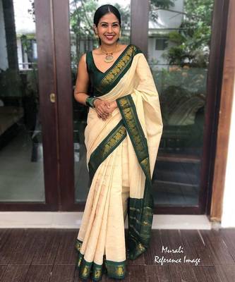 Off white green silk blend banarasi saree with unstitched blouse piece 2