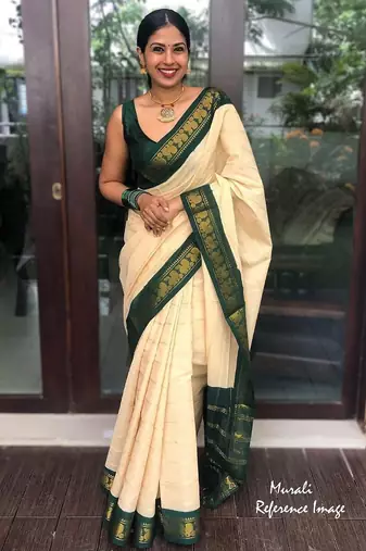 Off white green silk blend banarasi saree with unstitched blouse piece