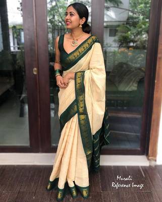 Off white green silk blend banarasi saree with unstitched blouse piece 3