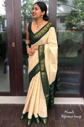Off white green silk blend banarasi saree with unstitched blouse piece