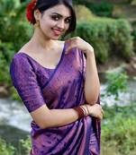 Blue silk blend banarasi saree with unstitched blouse piece