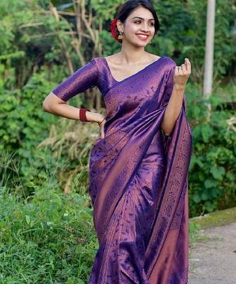 Blue silk blend banarasi saree with unstitched blouse piece 2