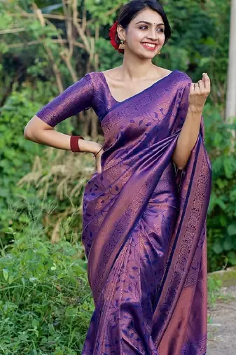 Blue silk blend banarasi saree with unstitched blouse piece
