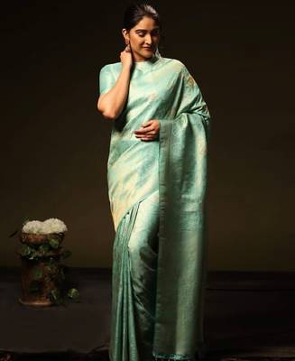 Turquoise silk blend banarasi saree with unstitched blouse piece 1