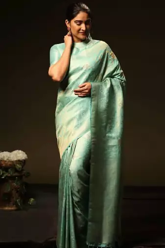 Turquoise soft silk blend banarasi jacuard work designer party wear saree with unstitched blouse piece
