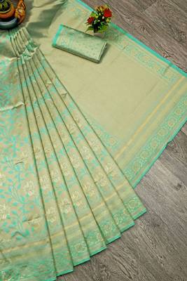 Turquoise silk blend banarasi saree with unstitched blouse piece 2