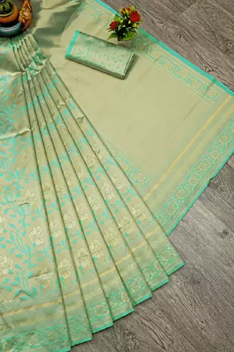 Turquoise silk blend banarasi saree with unstitched blouse piece