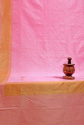 Baby pink silk blend banarasi saree with unstitched blouse piece 4