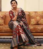 Maroon silk blend banarasi saree with unstitched blouse piece