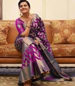 Rani pink silk blend banarasi saree with unstitched blouse piece