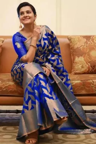 Blue soft silk blend banarasi jacuard work designer party wear saree with unstitched blouse piece
