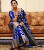 Blue silk blend banarasi saree with unstitched blouse piece