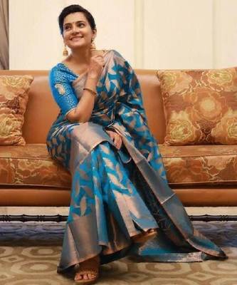 Turquoise silk blend banarasi saree with unstitched blouse piece 1