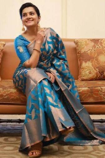 Turquoise soft silk blend banarasi jacuard work designer party wear saree with unstitched blouse piece