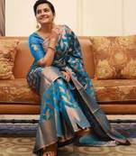 Turquoise silk blend banarasi saree with unstitched blouse piece