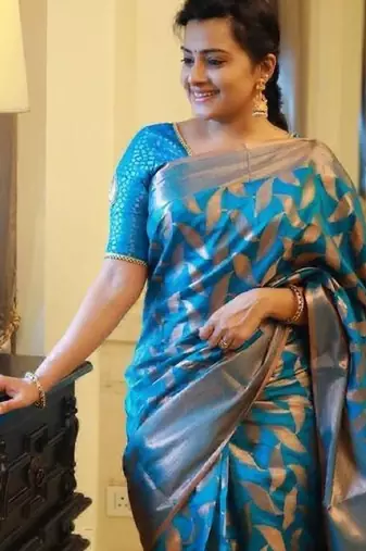 Turquoise silk blend banarasi saree with unstitched blouse piece