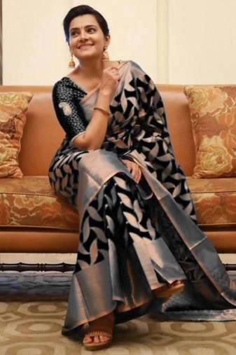 Black soft silk blend banarasi jacuard work designer party wear saree with unstitched blouse piece