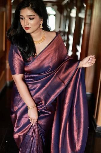 Blue soft silk blend banarasi jacuard work designer party wear saree with unstitched blouse piece