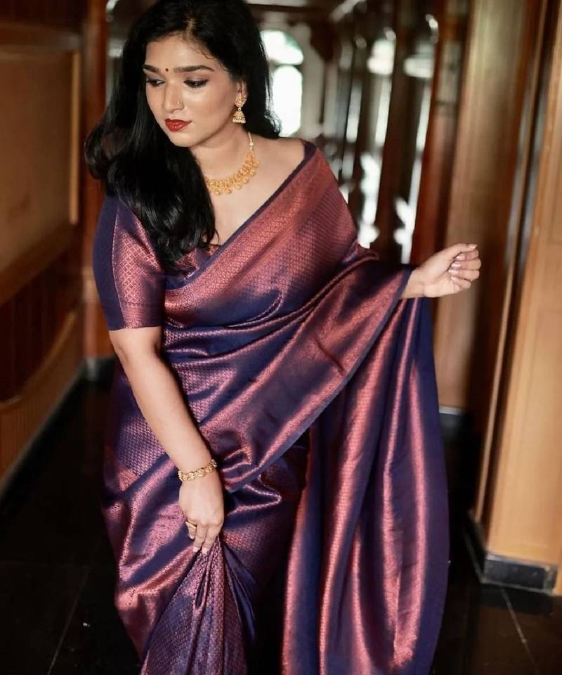 Blue soft silk blend banarasi jacuard work designer party wear saree with unstitched blouse piece