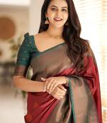 Red green silk blend banarasi saree with unstitched blouse piece
