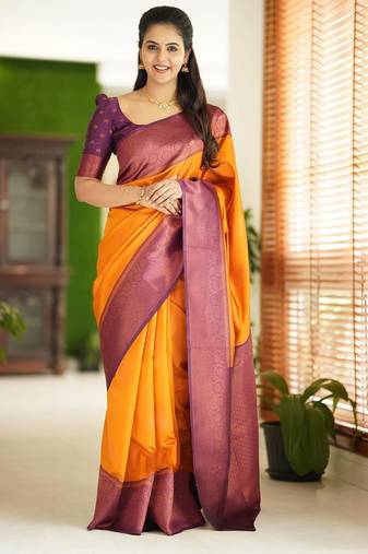 Yellow purple soft silk blend banarasi jacuard work designer party wear saree with unstitched blouse piece