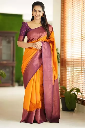 Yellow purple soft silk blend banarasi jacuard work designer party wear saree with unstitched blouse piece