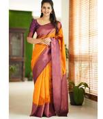 Yellow purple silk blend banarasi saree with unstitched blouse piece