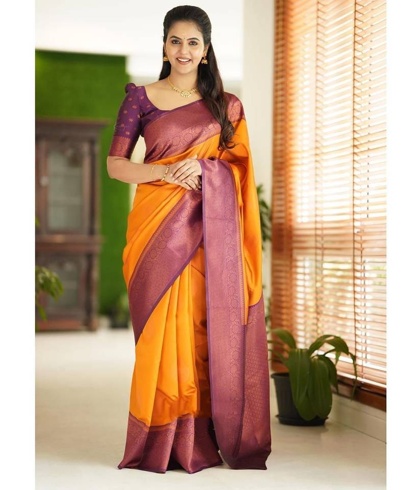 Yellow purple soft silk blend banarasi jacuard work designer party wear saree with unstitched blouse piece