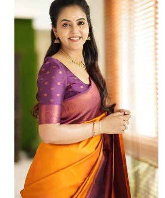 Yellow purple silk blend banarasi saree with unstitched blouse piece 2