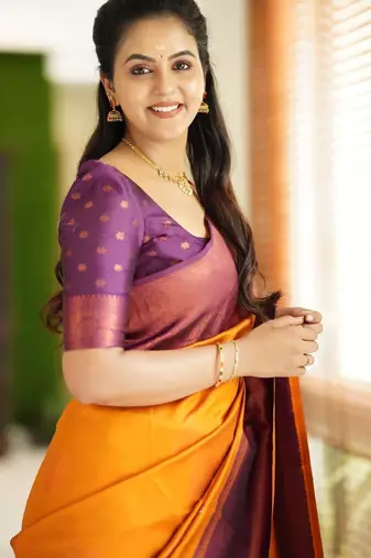 Yellow purple silk blend banarasi saree with unstitched blouse piece