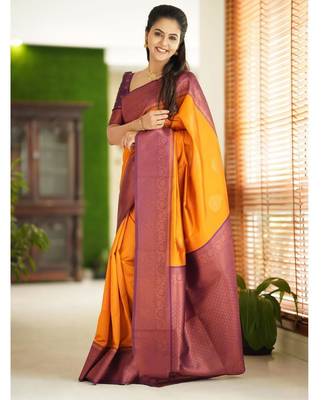 Yellow purple silk blend banarasi saree with unstitched blouse piece 3