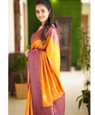 Yellow purple silk blend banarasi saree with unstitched blouse piece 4