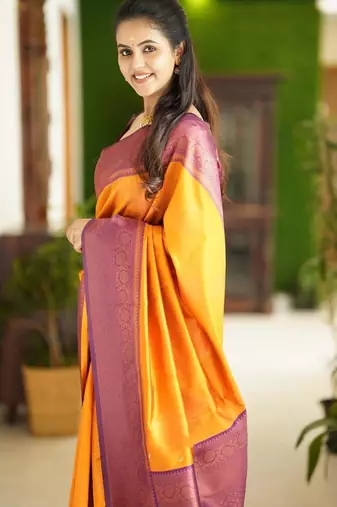 Yellow purple silk blend banarasi saree with unstitched blouse piece