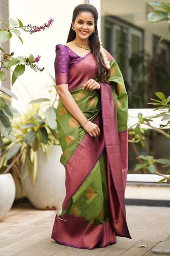 Green purple soft silk blend banarasi jacuard work designer party wear saree with unstitched blouse piece