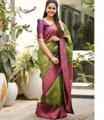 Green purple silk blend banarasi saree with unstitched blouse piece