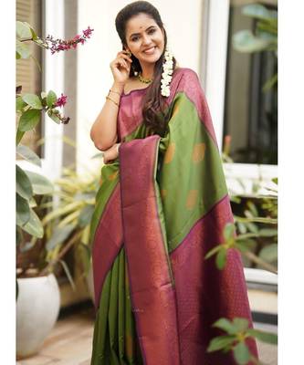 Green purple silk blend banarasi saree with unstitched blouse piece 3
