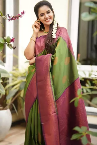 Green purple silk blend banarasi saree with unstitched blouse piece