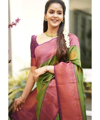 Green purple silk blend banarasi saree with unstitched blouse piece 5