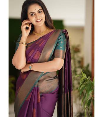 Purple turquoise silk blend banarasi saree with unstitched blouse piece 1