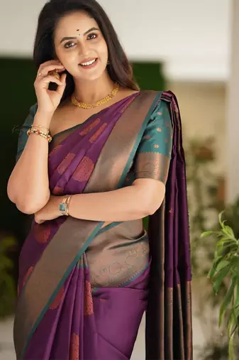 Purple turquoise soft silk blend banarasi jacuard work designer party wear saree with unstitched blouse piece