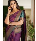 Purple turquoise silk blend banarasi saree with unstitched blouse piece