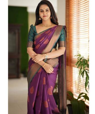 Purple turquoise silk blend banarasi saree with unstitched blouse piece 2