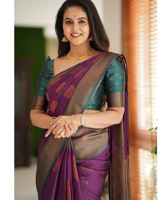 Purple turquoise silk blend banarasi saree with unstitched blouse piece 3