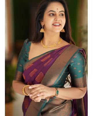 Purple turquoise silk blend banarasi saree with unstitched blouse piece 4