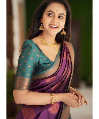 Purple turquoise silk blend banarasi saree with unstitched blouse piece 5