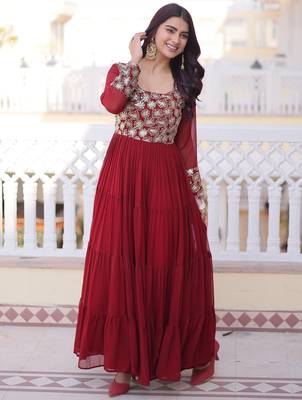 Marvelous Maroon Sequins Georgette Wedding Wear Gown 1